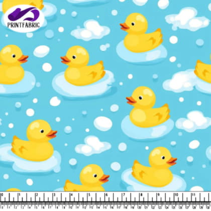 Motif canards jaunes en caoutchouc sur bulles bleues