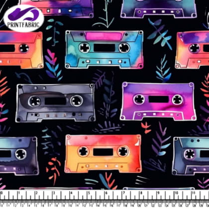 Motif Coloré de Cassettes sur Fond Noir avec Feuilles et Fleurs