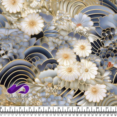 Blue and Gold Floral Pattern with Flowers, Butterflies, and Birds