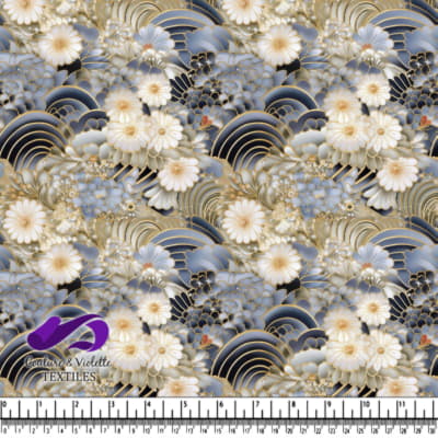 Blue and Gold Floral Pattern with Flowers, Butterflies, and Birds