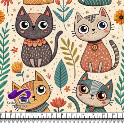 Cute whimsical cats with flowers and leaves