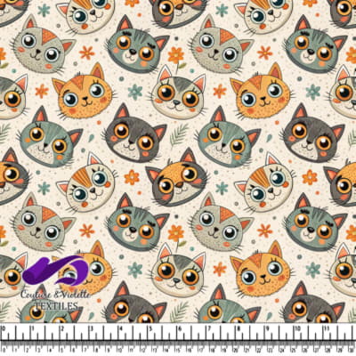 Visages de chats cartoon souriants avec des fleurs