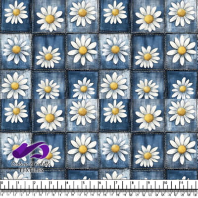 Marguerites blanches sur un patchwork en denim bleu