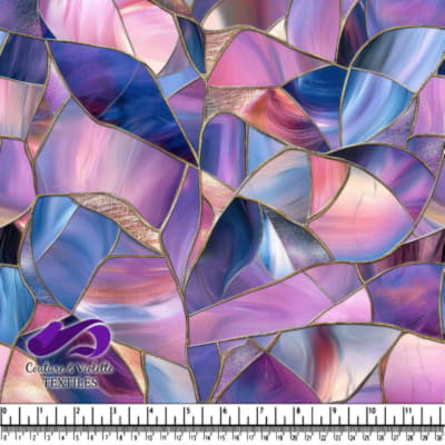 Abstract stained glass pattern with purple pink and blue hues and gold outlines