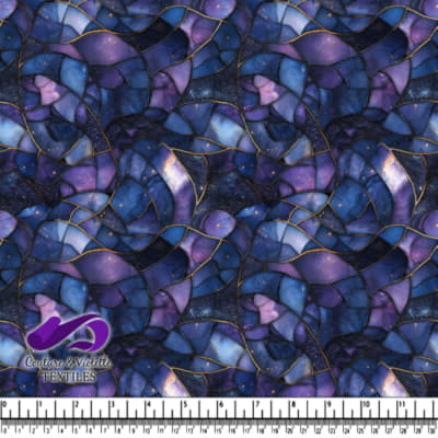 Abstract cosmic stained glass pattern in shades of blue and purple with gold lines