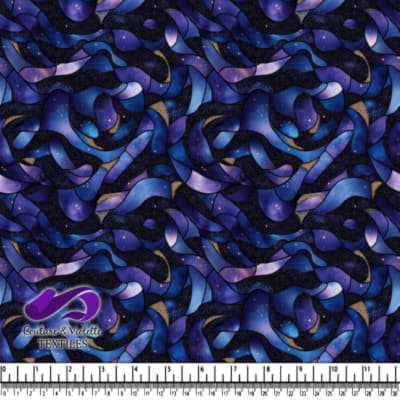 Abstract galaxy and starry night sky pattern in shades of blue and purple with gold accents