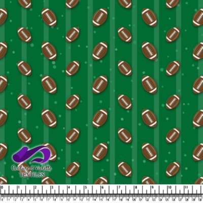 Pattern of scattered footballs on green field background with yard lines and small stars