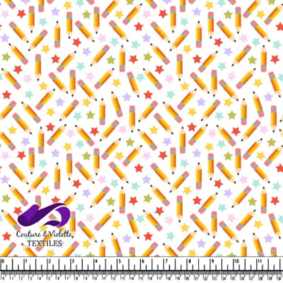 Colorful pencil and star pattern on white fabric background