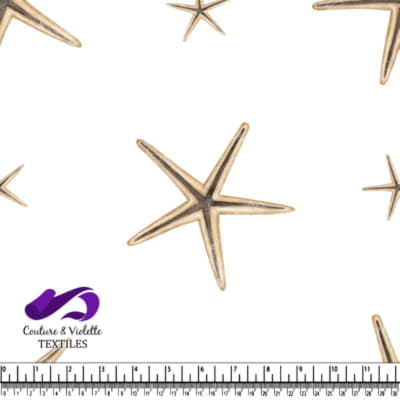 Tissu à motifs avec des étoiles de mer beiges sur fond blanc