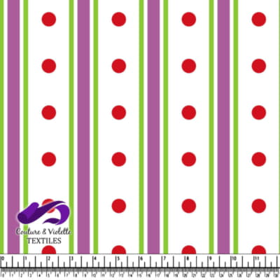 Vertical green and purple stripes and red polka dots pattern
