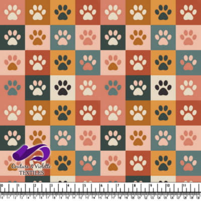 Colorful checkerboard pattern with various colored dog paw