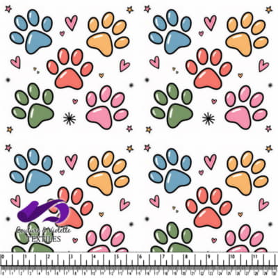 Colorful paw prints with hearts and stars