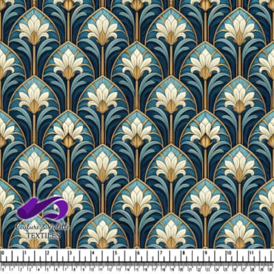 Art Deco Floral Pattern with Blue and Gold Accents
