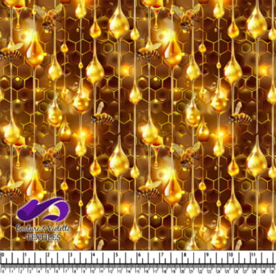 Golden honey drops and bees on hexagonal honeycomb pattern