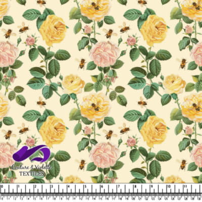 Motif floral de roses jaunes et roses avec abeilles