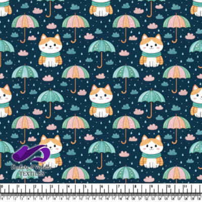 Cute Cat Under Umbrellas Pattern with Rain Clouds and Raindrops