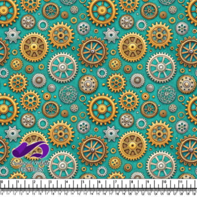 Vintage steampunk gears and cogs pattern on teal background