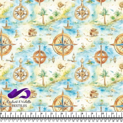 Watercolor Nautical Compass and Island Adventure Pattern