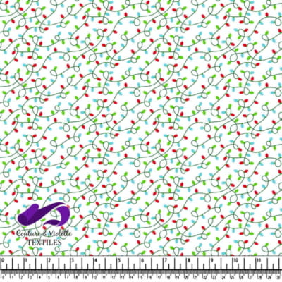 Colorful Christmas lights on green wire pattern