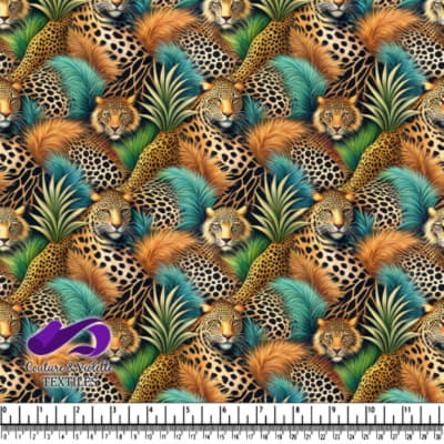 Leopards resting amidst colorful tropical foliage with a relaxed jungle vibe