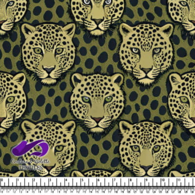 Illustrated leopard heads on dark spotted background