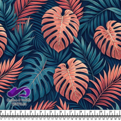 Tropical coral and teal palm leaves pattern on dark background