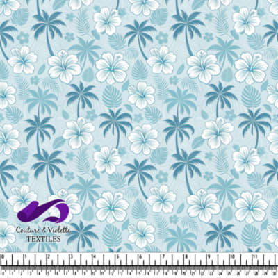 Motif floral tropical bleu avec palmiers et hibiscus