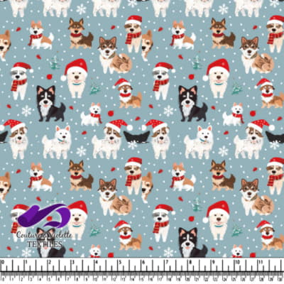 Festive dogs wearing scarves and Santa hats on a snowy