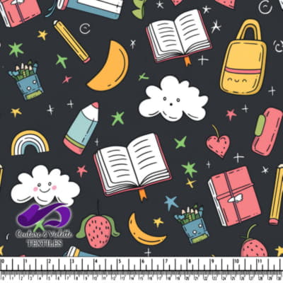 Cute colorful school supplies and fruits patternm