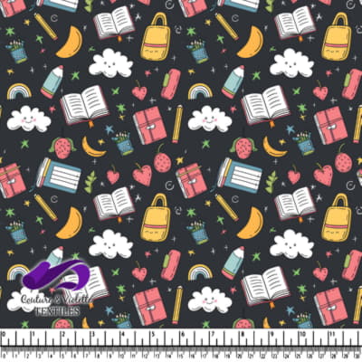 Cute colorful school supplies and fruits patternm