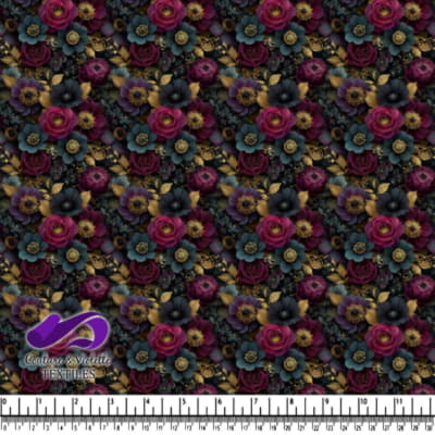 Motif floral sombre avec des fleurs violettes, roses et bleues