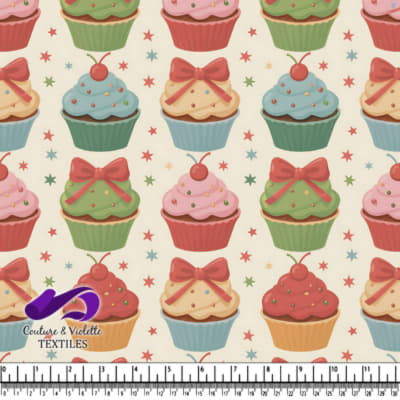 Colorful vintage cupcake pattern with bows cherries and stars