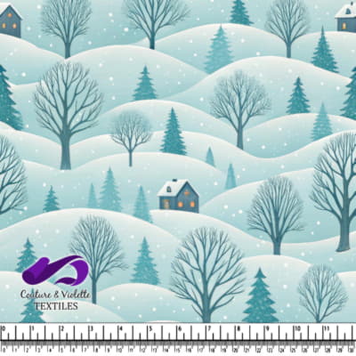 Paysage d'hiver avec des collines enneigées, des arbres et des cabanes confortables au crépuscule