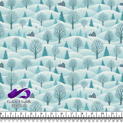 Paysage d'hiver avec des collines enneigées, des arbres et des cabanes confortables au crépuscule