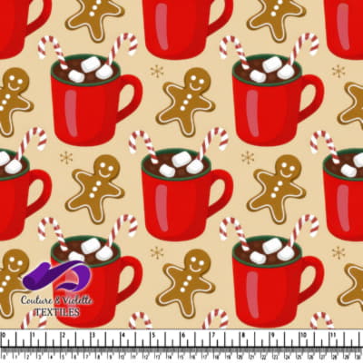 Red mugs of hot chocolate with marshmallows candy canes