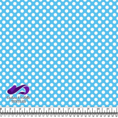 Bright blue fabric with evenly spaced white polka dots