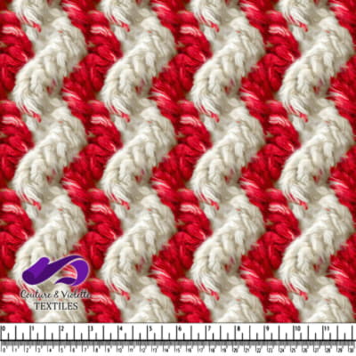 Vue rapprochée d'un tissu tricoté rouge et blanc à texture avec un motif rayé et des vagues