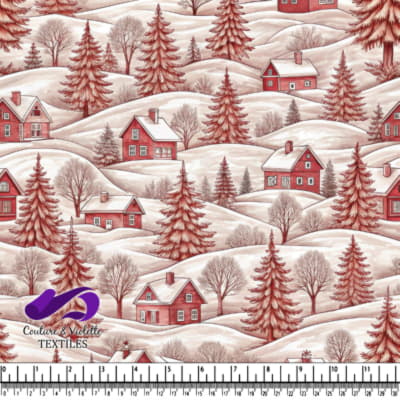 Winter landscape with red houses and snow-covered trees on rolling hills pattern