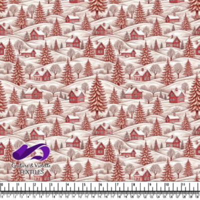 Winter landscape with red houses and snow-covered trees on rolling hills pattern