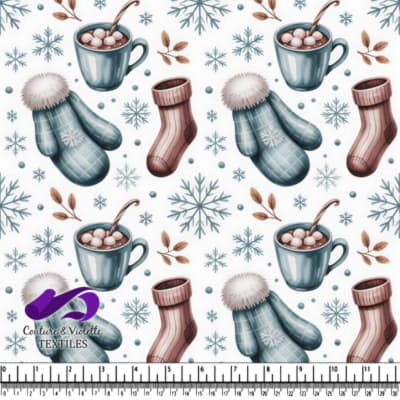 Winter cozy pattern with mittens hot chocolate and snowflakes on white background