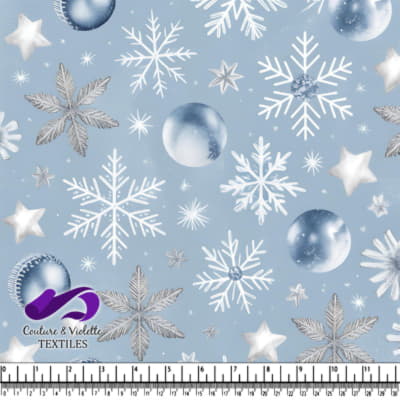 Blue background with silver snowflakes and stars holiday fabric pattern