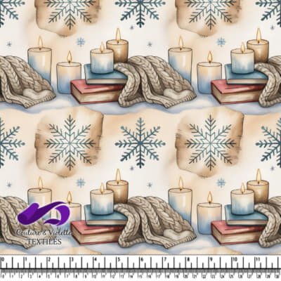 Scène hivernale chaleureuse avec bougies, livres, gants tricotés et flocon de neige vintage