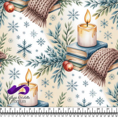 Scène hivernale accueillante avec bougies, livres, écharpes tricotées et branches de pin