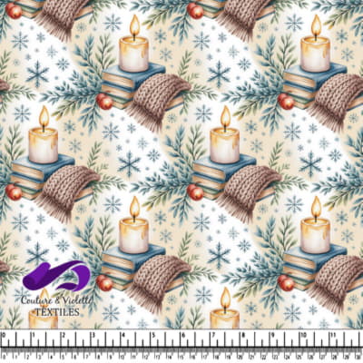 Scène hivernale accueillante avec bougies, livres, écharpes tricotées et branches de pin