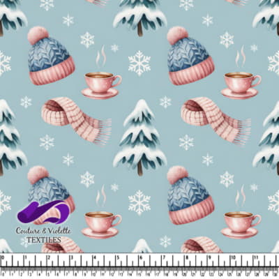 Winter cozy pattern with hats scarves hot cocoa