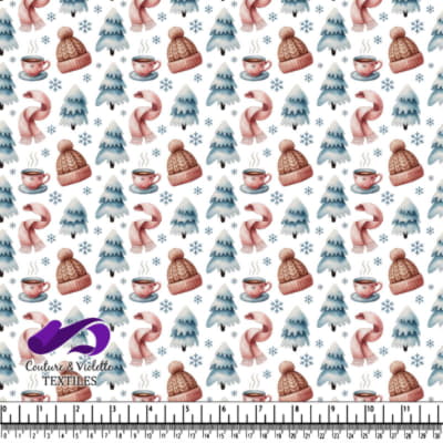 Winter pattern with hats scarves pine trees