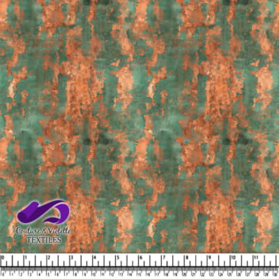 Tissu texturé en patine rouille avec des tons verts et orange