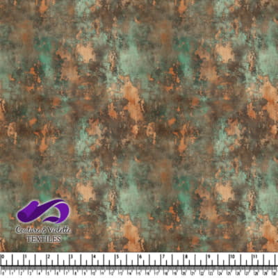 Abstract rustic textured fabric with turquoise and copper metallic tones