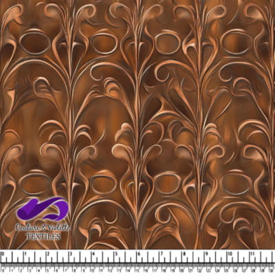 Brown floral abstract pattern fabric with flowing lines and swirls design