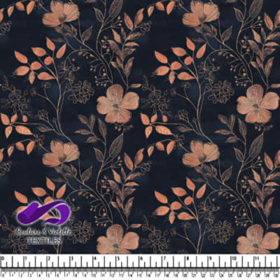 Delicate copper floral and leaf pattern on dark navy blue background textile design